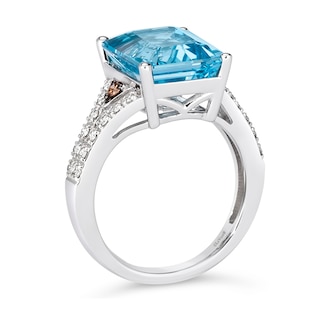 Le Vian® Emerald-Cut Blue Topaz and 0.31 CT. T.W. Diamond Split Shank Ring in 14K Vanilla Gold®