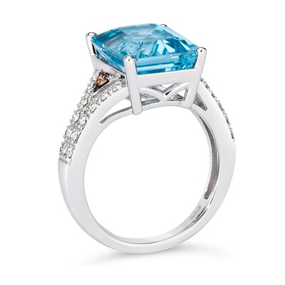 Le Vian® Emerald-Cut Blue Topaz and 0.31 CT. T.W. Diamond Split Shank Ring in 14K Vanilla Gold®