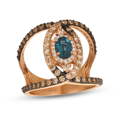 Le Vian® Oval Deep Sea Blue Topaz™ and 1.02 CT. T.W. Diamond Crossover Loop Ring in 14K Strawberry Gold®