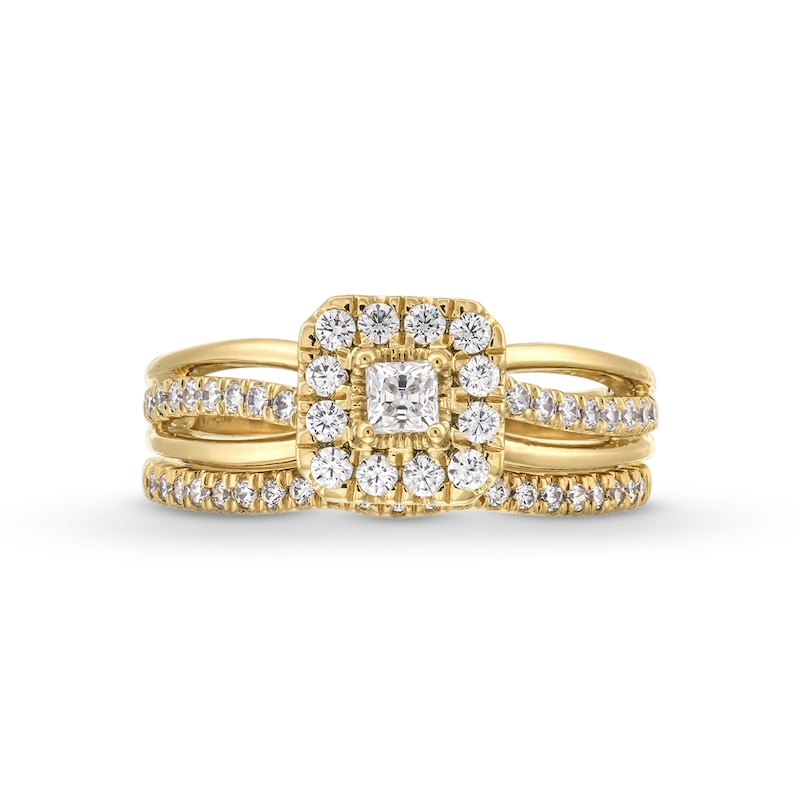 0.62 CT. T.W. Princess-Cut Canadian Certified Centre Diamond Cushion Frame Split Shank Bridal Set in 10K Gold (I/I2)