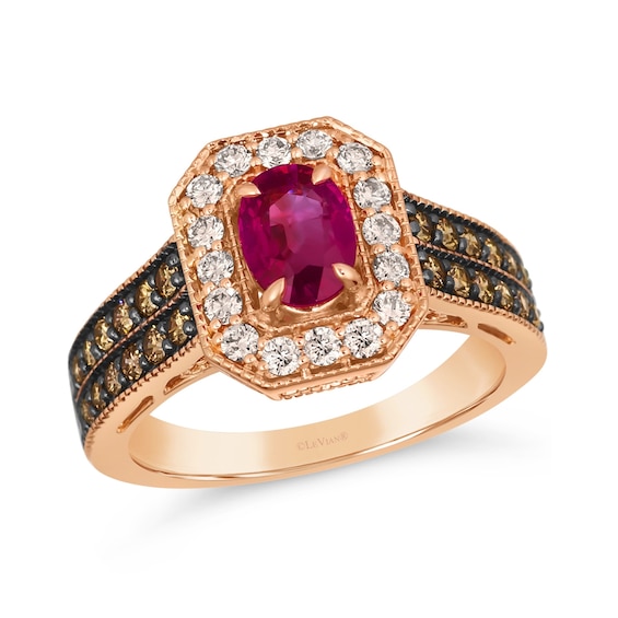 Le Vian® Oval Passion Ruby™ and 0.84 CT. T.W. Diamond Frame Double Row Vintage-Style Ring in 14K Strawberry Gold®