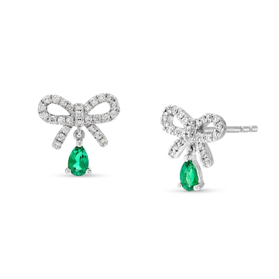 Pear-Shaped Lab-Created Emerald and White Lab-Created Sapphire Bow Drop Earrings in Sterling Silver