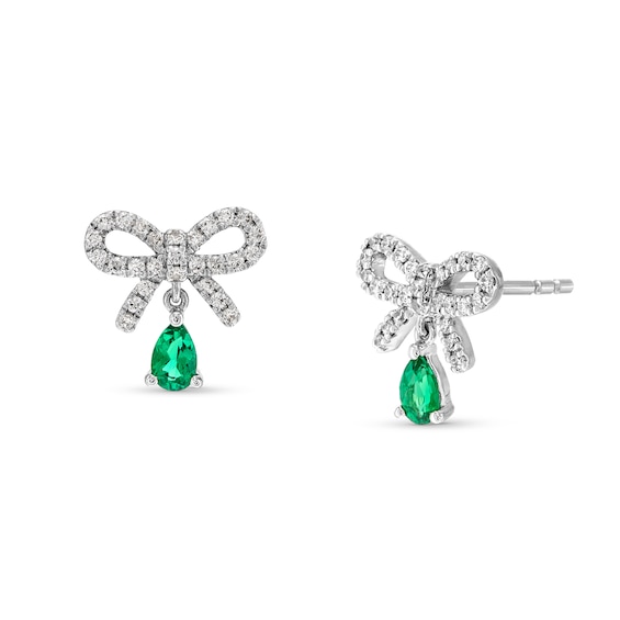 Pear-Shaped Lab-Created Emerald and White Lab-Created Sapphire Bow Drop Earrings in Sterling Silver