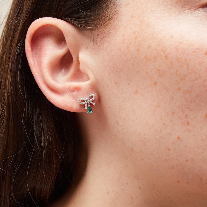 Pear-Shaped Lab-Created Emerald and White Lab-Created Sapphire Bow Drop Earrings in Sterling Silver