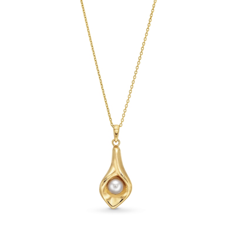 Main Image 1 of 6.0mm Freshwater Cultured Pearl Tulip Pendant in Sculpted Hollow 14K Gold