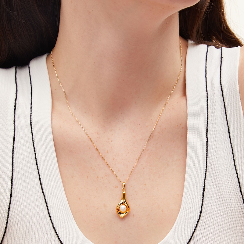 Main Image 2 of 6.0mm Freshwater Cultured Pearl Tulip Pendant in Sculpted Hollow 14K Gold