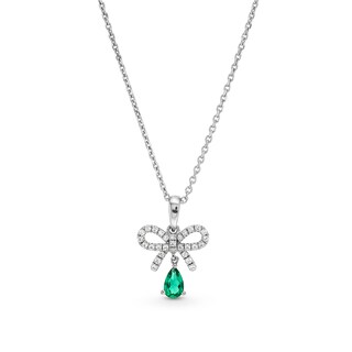 Pear-Shaped Lab-Created Emerald and White Lab-Created Sapphire Bow Pendant in Sterling Silver