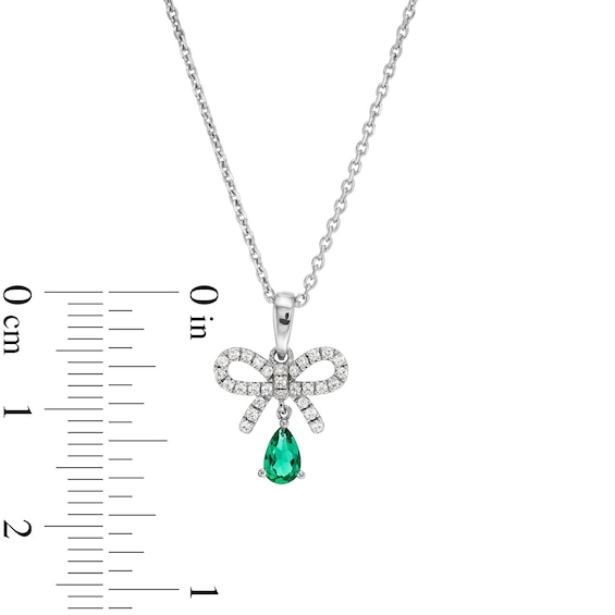 Pear-Shaped Lab-Created Emerald and White Lab-Created Sapphire Bow Pendant in Sterling Silver