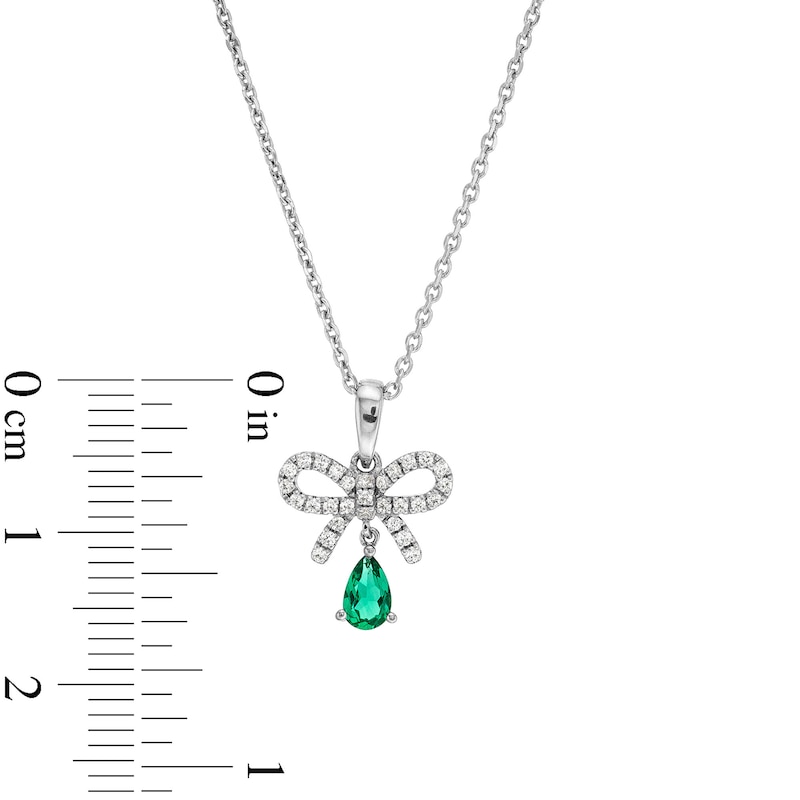 Pear-Shaped Lab-Created Emerald and White Lab-Created Sapphire Bow Pendant in Sterling Silver