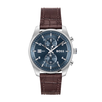 Men's Hugo Boss Skytraveller Brown Leather Strap Chronograph Watch with Blue Dial (Model: 1514194)