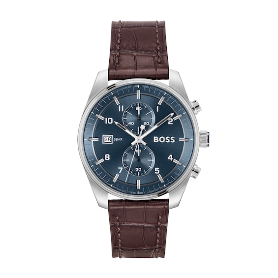 Men's Hugo Boss Skytraveller Brown Leather Strap Chronograph Watch with Blue Dial (Model: 1514194)