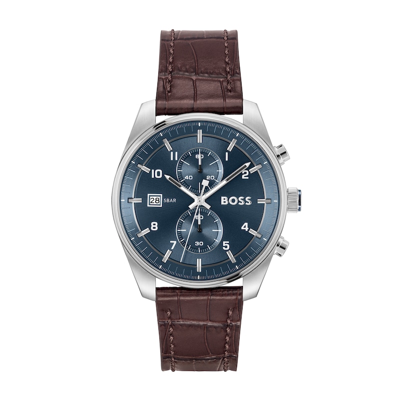 Men's Hugo Boss Skytraveller Brown Leather Strap Chronograph Watch with Blue Dial (Model: 1514194)