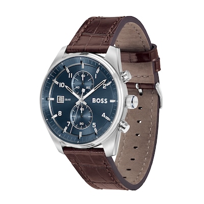 Men's Hugo Boss Skytraveller Brown Leather Strap Chronograph Watch with Blue Dial (Model: 1514194)