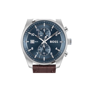 Men's Hugo Boss Skytraveller Brown Leather Strap Chronograph Watch with Blue Dial (Model: 1514194)