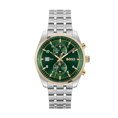 Men's Hugo Boss Skytraveller Two-Tone IP Chronograph Watch with Green Dial (Model: 1514195)