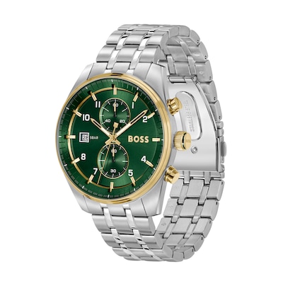 Men's Hugo Boss Skytraveller Two-Tone IP Chronograph Watch with Green Dial (Model: 1514195)