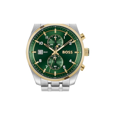 Men's Hugo Boss Skytraveller Two-Tone IP Chronograph Watch with Green Dial (Model: 1514195)