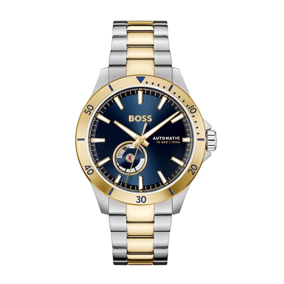 Men's Hugo Boss Troper Two-Tone IP Automatic Watch with Blue Dial (Model: 1514201)