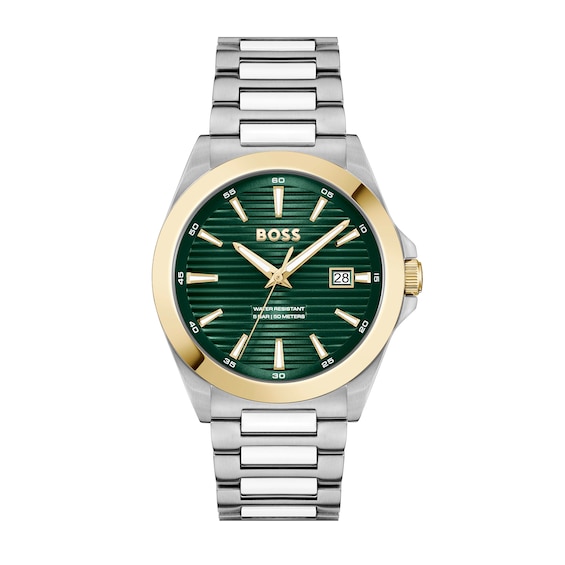 Men's Hugo Boss Strike Two-Tone IP Watch with Textured Green Dial (Model: 1514173)