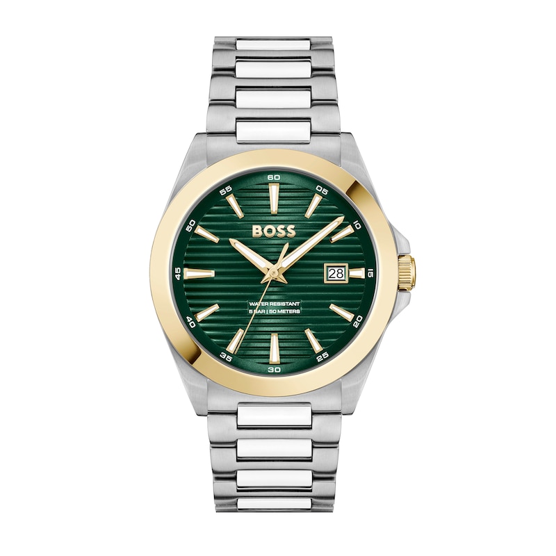 Main Image 1 of Men's Hugo Boss Strike Two-Tone IP Watch with Textured Green Dial (Model: 1514173)