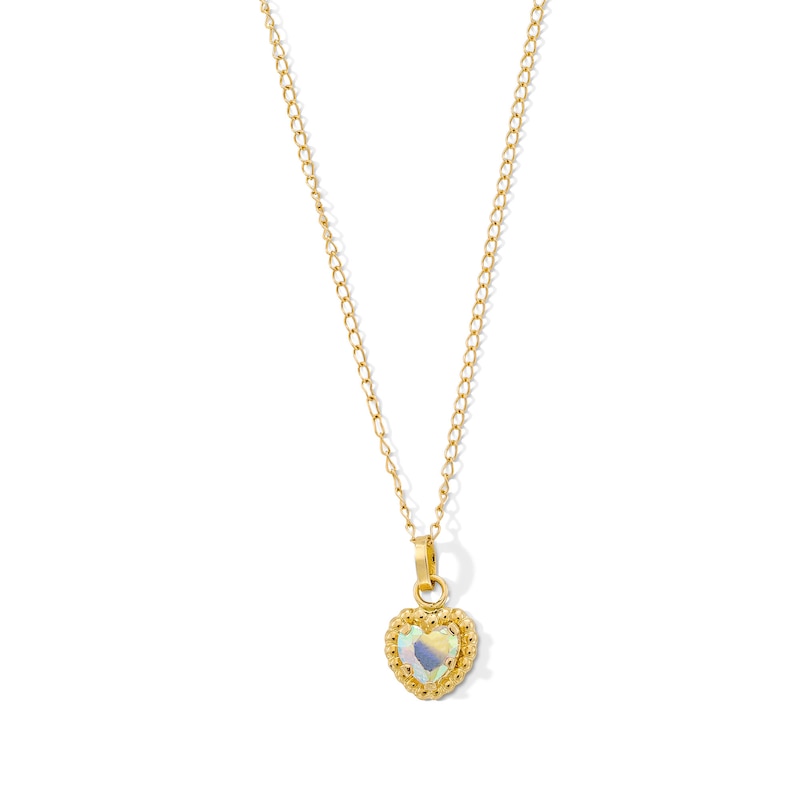 Main Image 1 of Child's 4.0mm Heart-Shaped Iridescent Cubic Zirconia Solitaire Beaded Frame Pendant in 14K Gold - 13&quot;