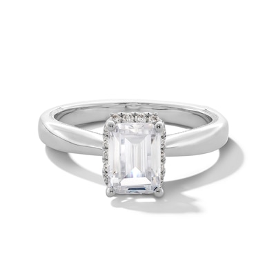 1.40 CT. T.W. Emerald-Cut Certified Lab-Created Diamond Frame Engagement Ring in 14K White Gold (F/SI2)