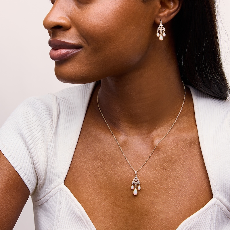 Main Image 2 of Lab-Created Opal and White Lab-Created Sapphire Drop Pendant and Earrings Set in Sterling Silver with 14K Gold Plate