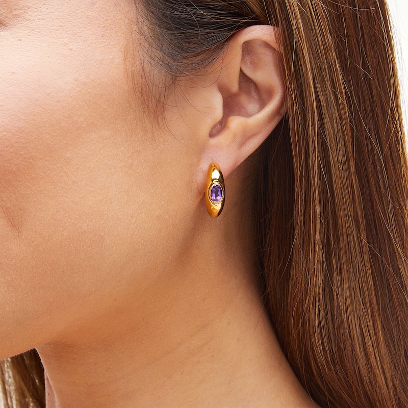 Main Image 2 of Oval Amethyst Solitaire Open Hoop Earrings in Sculpted Hollow 14K Gold