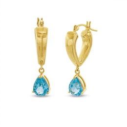 Pear-Shaped Swiss Blue Topaz Solitaire Dangle Hoop Earrings in Sculpted Hollow 14K Gold