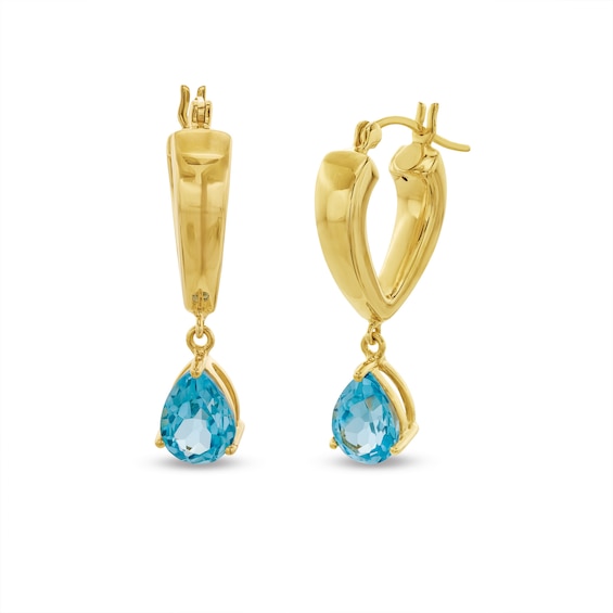 Pear-Shaped Swiss Blue Topaz Solitaire Dangle Hoop Earrings in Sculpted Hollow 14K Gold