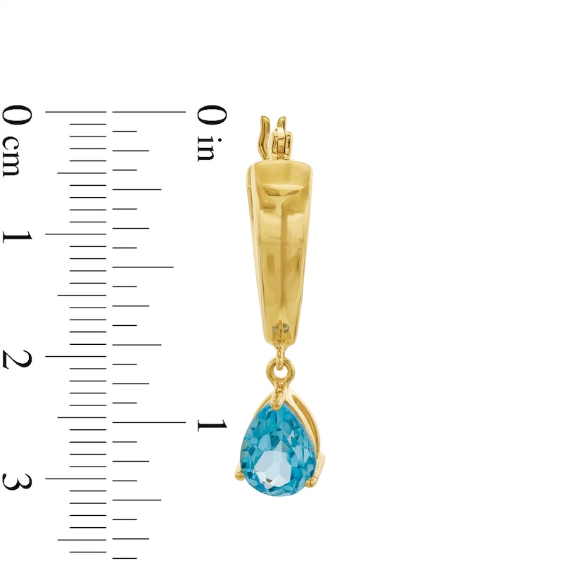 Pear-Shaped Swiss Blue Topaz Solitaire Dangle Hoop Earrings in Sculpted Hollow 14K Gold