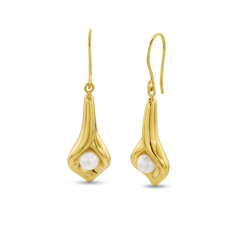 Main Image 1 of 5.0-5.5mm Freshwater Cultured Pearl Tulip Drop Earrings in Sculpted Hollow 14K Gold