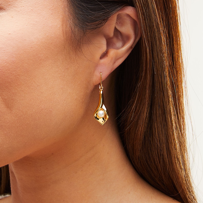 Main Image 2 of 5.0-5.5mm Freshwater Cultured Pearl Tulip Drop Earrings in Sculpted Hollow 14K Gold