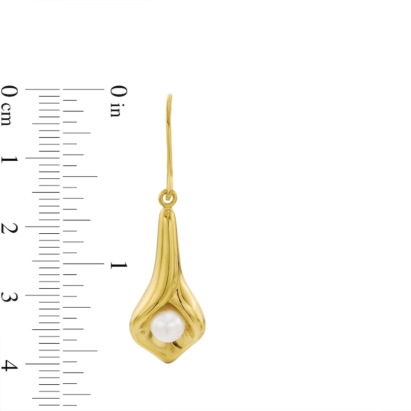 Main Image 3 of 5.0-5.5mm Freshwater Cultured Pearl Tulip Drop Earrings in Sculpted Hollow 14K Gold