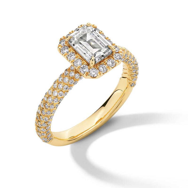 Vera Wang Love Collection 1.69 CT. T.W. Emerald-Cut Certified Diamond Frame Woven Shank Engagement Ring in 18K Gold