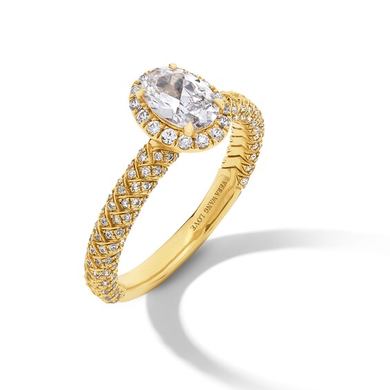 Vera Wang Love Collection 1.23 CT. T.W. Oval Certified Diamond Frame Woven Shank Engagement Ring in 18K Gold (F/SI2)