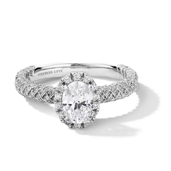 Vera Wang Love Collection 1.23 CT. T.W. Oval Certified Diamond Frame Woven Shank Engagement Ring in 18K White Gold