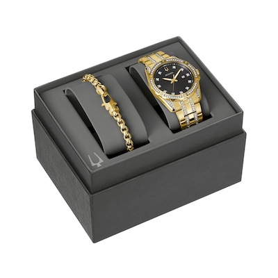 Men’s Bulova Classic Crystal Gold-Tone IP Watch with Black Dial and Chain Bracelet Box Set (Model: 98K115)