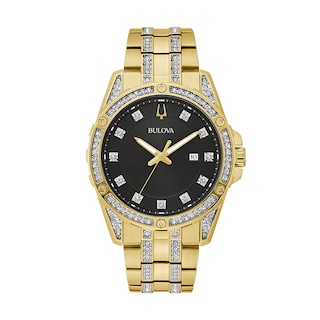 Men’s Bulova Classic Crystal Gold-Tone IP Watch with Black Dial and Chain Bracelet Box Set (Model: 98K115)