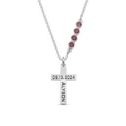 Engravable Cross with Offset Birthstone Pendant (1-4 Stones and 2 Lines)