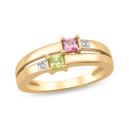 Couple's Princess-Cut Birthstone and Diamond Accent Split Shank Ring (2 Stones)