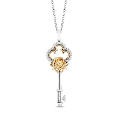 Enchanted Disney Belle Citrine and 0.085 CT. T.W. Diamond Rose Key Pendant in Sterling Silver and 14K Gold - 20"