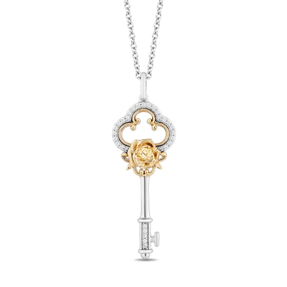 Enchanted Disney Belle Citrine and 0.085 CT. T.W. Diamond Rose Key Pendant in Sterling Silver and 14K Gold - 20"