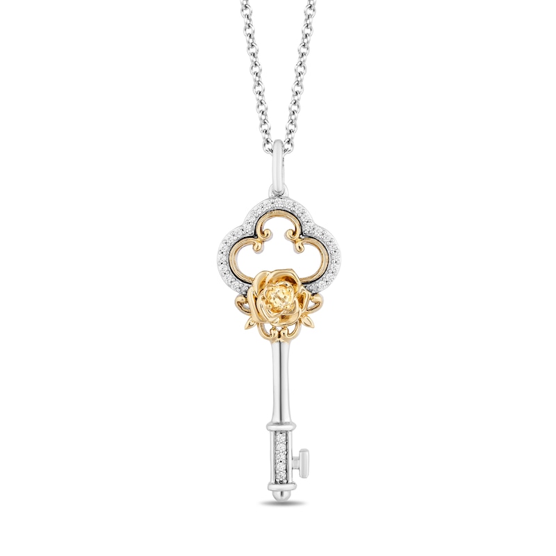 Enchanted Disney Belle Citrine and 0.085 CT. T.W. Diamond Rose Key Pendant in Sterling Silver and 14K Gold - 20"