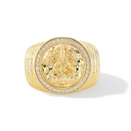 0.30 CT. T.W. Diamond Frame Ganesha Ribbed Shank Signet Ring in 18K Gold