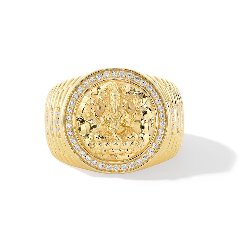 0.30 CT. T.W. Diamond Frame Ganesha Ribbed Shank Signet Ring in 18K Gold