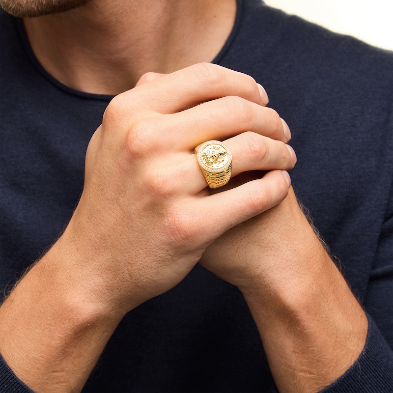 Main Image 2 of 0.30 CT. T.W. Diamond Frame Ganesha Ribbed Shank Signet Ring in 18K Gold