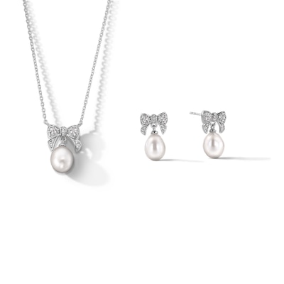 6.0-8.0mm Freshwater Cultured Pearl and White Lab-Created Sapphire Bow Necklace and Drop Earrings Set in Sterling Silver