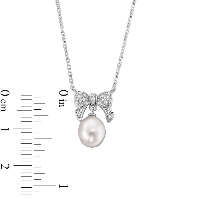 6.0-8.0mm Freshwater Cultured Pearl and White Lab-Created Sapphire Bow Necklace and Drop Earrings Set in Sterling Silver