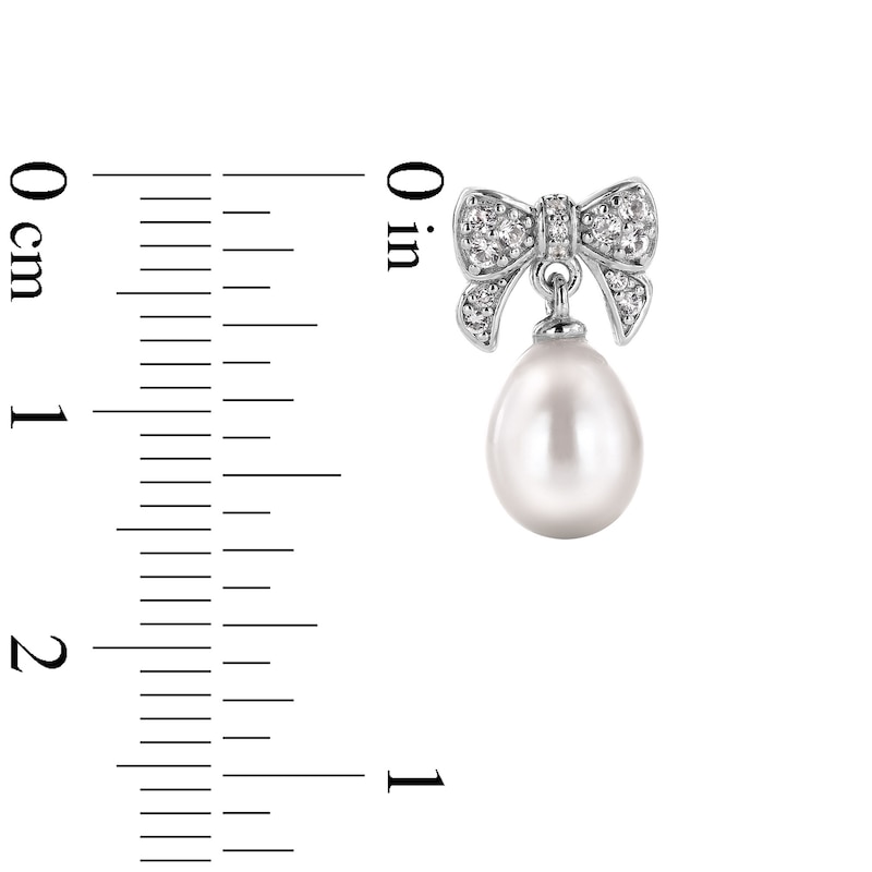 Main Image 3 of 6.0-8.0mm Freshwater Cultured Pearl and White Lab-Created Sapphire Bow Necklace and Drop Earrings Set in Sterling Silver